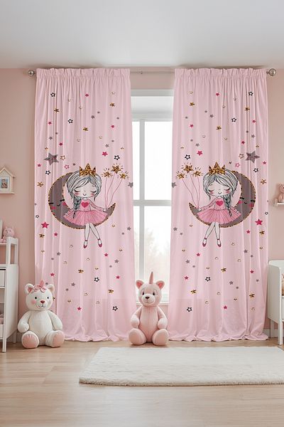 EVPANYA Pink Moon Princess Patterned Children's Baby Room Background Curtain (Single Wing Pricing)