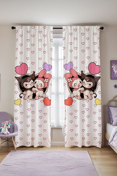 EVPANYA Kuromi and My Melody Colorful Hearts Patterned Children's Baby Room Background Curtain (Single Wing Pricing)