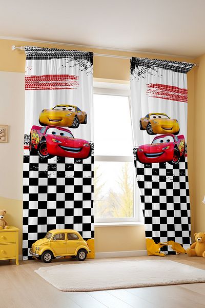 EVPANYA Checkered Mcqueen Patterned Children's Baby Room Background Curtain (Single Wing Pricing)