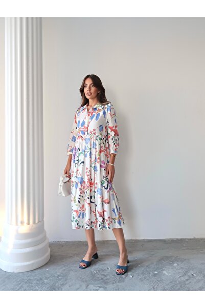 Swass Rochie cămașă midi cu nasturi cu model floral alb pentru femei