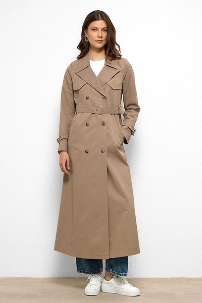 Olcay Water Repellent Double Breasted Long Trench Coat with Cape Detail S.Brown 6761