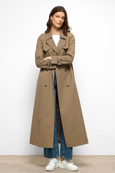 Olcay Water Repellent Double Breasted Long Trench Coat with Cape Detail Mink 6761