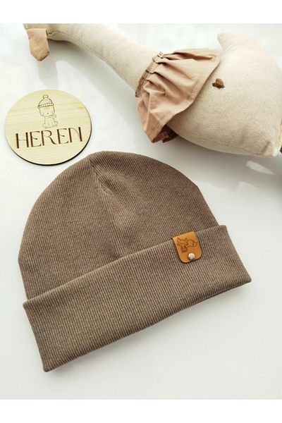 HEREN BUTİK Unisex Adult and Children Cotton / Leather Label Detailed Breathable Dark Beige Folded Rib Beanie