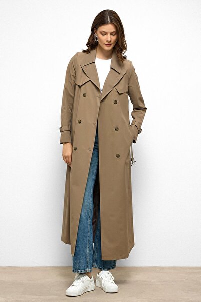 Olcay Pelerin Detaylı Su İtici Özellikli Kruvaze Uzun Trençkot VİZON 6761