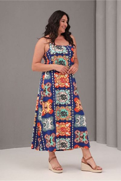 FOR ESRA BIG TREND Women's Plus Size Patterned Strap Stretchy Viscose Long Dress