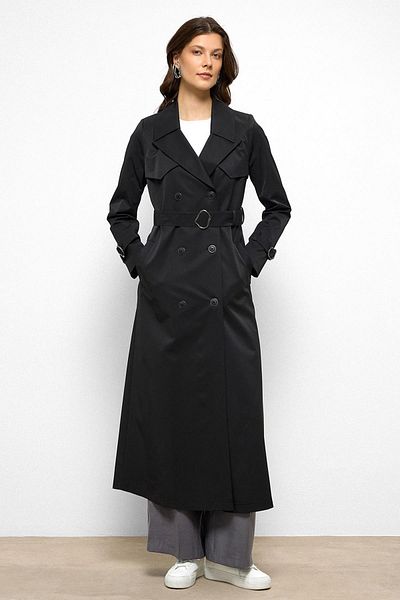 Olcay Water Repellent Double Breasted Long Trench Coat with Cape Detail Black 6761