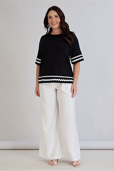 FOR ESRA BIG TREND Γυναικεία μπλούζα μεγάλου μεγέθους Wave Bumper με λεπτομέρεια με τρία τέταρτα μανίκια με εύκαμπτη βισκόζη