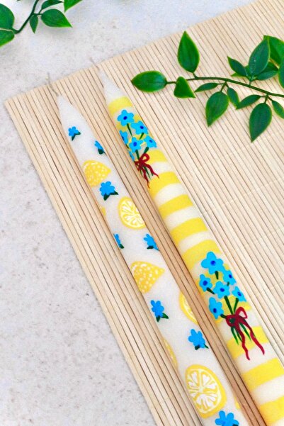 Ca.Gi El Boyaması Limon & Çiçek Desenli 2Li Şamdan Mum Seti | Kutulu Gönderim