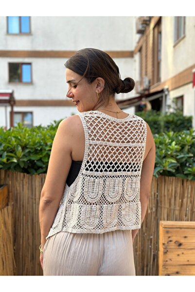 nidistore Bej Kadın Kolsuz Örme Yelek
