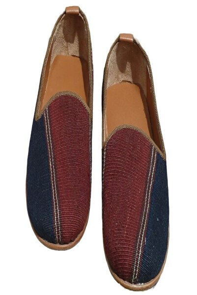 Anatolia Pantofi Sultan Leather and Textile Handmade Stitched and Embroidered, Brown-Blue, Size 40