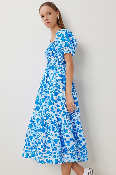 Lovelyİstanbul Rochie țesătă cu mâneci balon LFG0120 ALBASTRU ALB