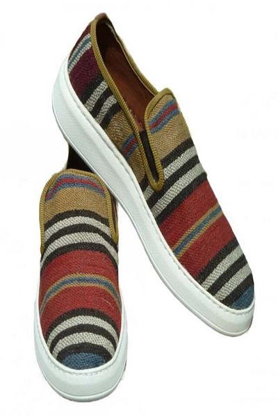 Anatolia - Emir Shoes, Leather and Textile, Handstitched and Embroidered, Red with Multicolored Stri