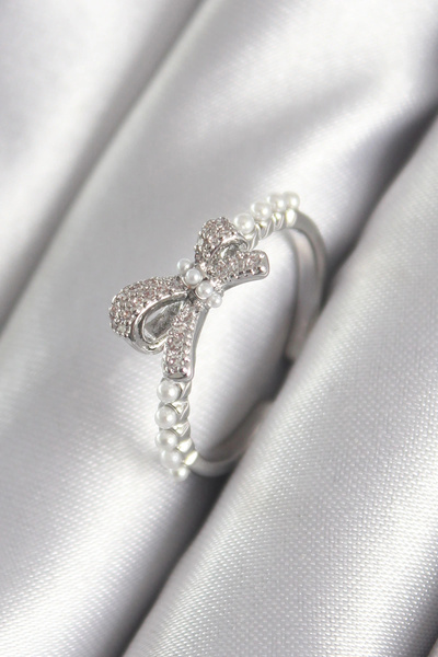 Clariss Brass Silver Color Zircon Stone Pearl Detail Women's Ring