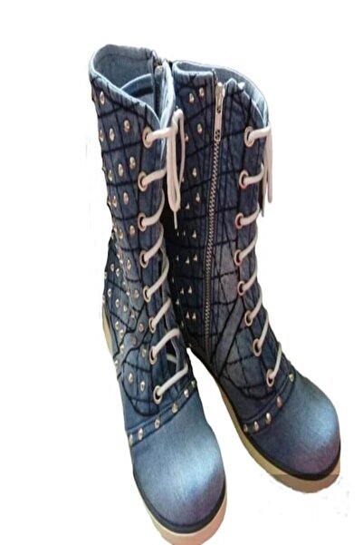 blue moon - Ghete din denim cu șireturi și fermoar, albastre, mărimea 39