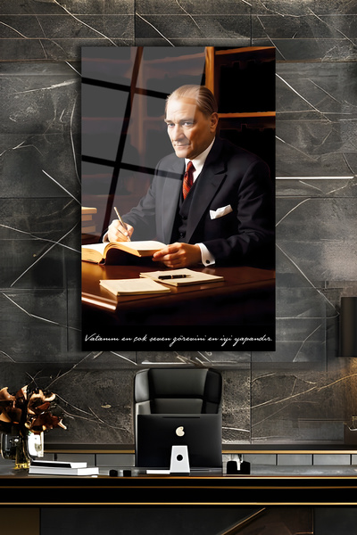 home dekors Atatürk Portresi Vatanını En Çok Seven Görevini Cam Tablo İş Ofis Makam Odası Hediyelik Tablo