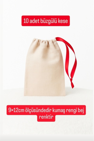 ALASEREN BÜZGÜLÜ HAM BEZ NATURAL BEJ RENK 9×12 CM 10 ADET BEZ KESE -DÜĞÜN NİŞ...