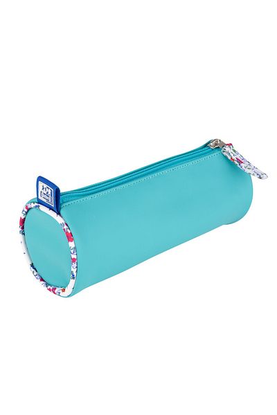 Oxford Floral Pastel Pencil Case, Round Pouch Type, Color Turquoise, Dimensions 22x7.5x7.5 cm