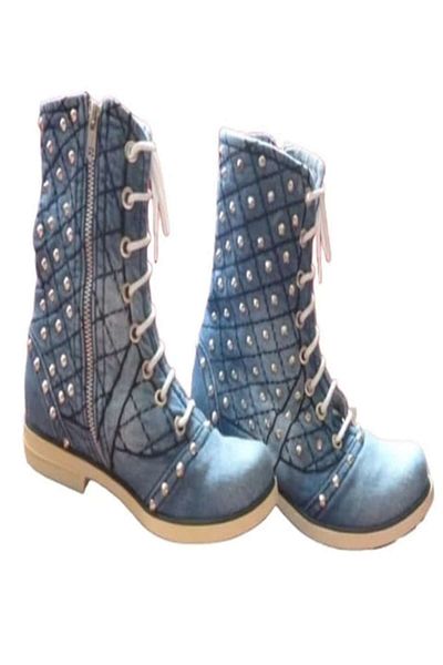 blue moon - Denim boots with laces and zipper, blue, size 40