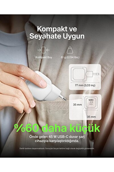 Belkin WCA013 45W Hızlı Duvar Şarjı + 1M Kablo USB-C Kablo - Beyaz