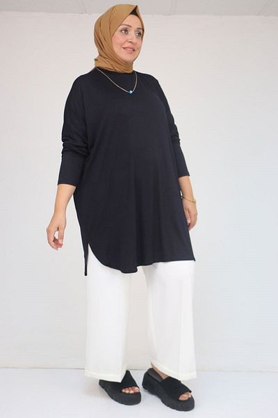Eslina 38111 Plus Size Basic Combed Cotton Tunic - Dark Navy Blue