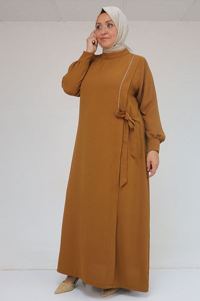 Eslina 52015 Plus Size Crepe Dress with Stone Detail - Tan