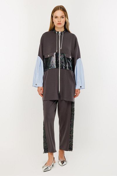 Ghisa Sequin Fabric Mixed Suit Thick Striped Gray