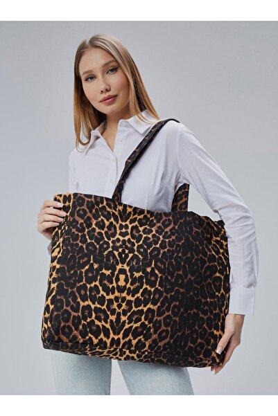 Çınar Bez Çanta Преходна чанта с леопардов мотив, голям размер - кафява - чанта от памучен плат