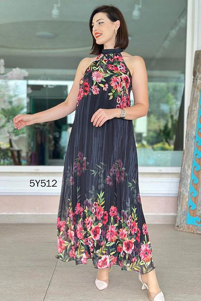 İnce Topuk Halter Neck Pleated Chiffon Dress 5Y512