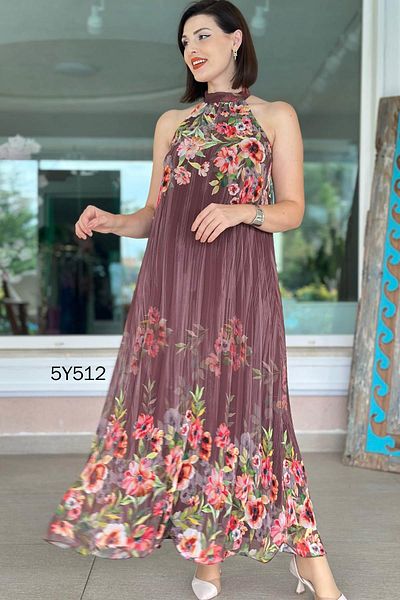 İnce Topuk Halter Neck Pleated Chiffon Dress 5Y512