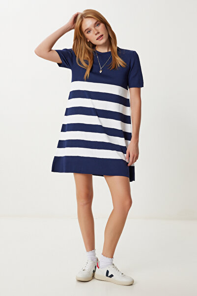 Lovelyİstanbul Ριγέ Εύκαμπτο Μίνι Πλεκτό Φόρεμα LUB0165 ΣΚΟΥΡΟ ΜΠΛΕ