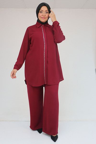 Eslina 57036 Plus Size Crepe Sleeve Cuff Trousers Suit - Burgundy