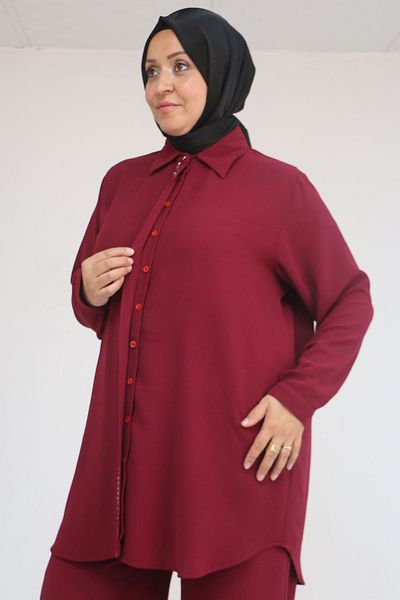 Eslina 57036 Plus Size Crepe Sleeve Cuff Trousers Suit - Burgundy