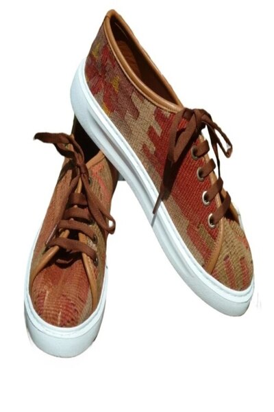 Anatolia Pantofi Kaan piele si material textil, cusuti si brodati manual, Maro multicolor, 40