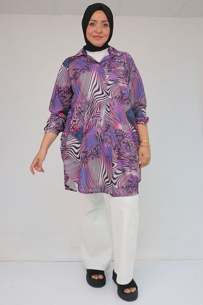 Eslina 58052 Large Size Men's Collared Jesica Shirt Tunic - Zebra Pattern Purple