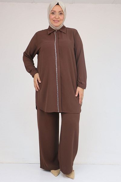 Eslina 57036 Plus Size Crepe Sleeve Cuff Trousers Suit - Brown