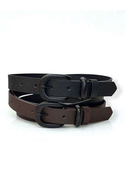 Gesa Men's Thin Matte Buckle Old Money Black-Brown Set of 2 Belts 2.5 cm