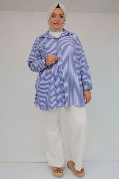 Eslina 58099 Plus Size Men's Collar Buttoned Tunic - Navy Blue Striped