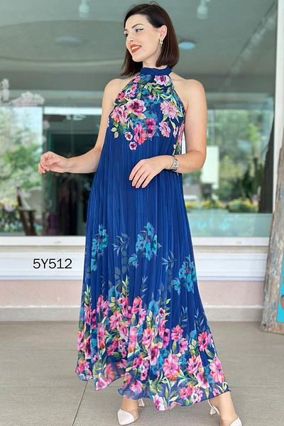 İnce Topuk Halter Neck Pleated Chiffon Dress 5Y512