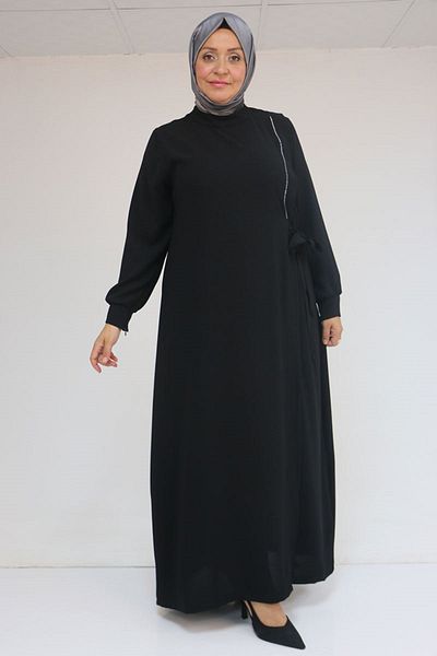 Eslina 52015 Plus Size Stone Detailed Crepe Dress - Black