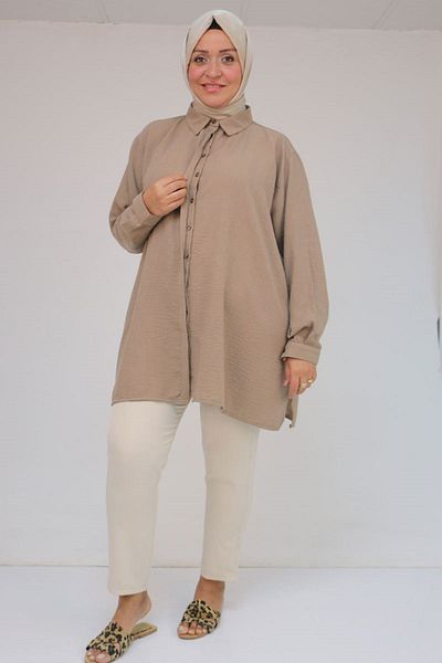 Eslina 58096 Large Size Men's Collar Buttoned Tunic - Mink