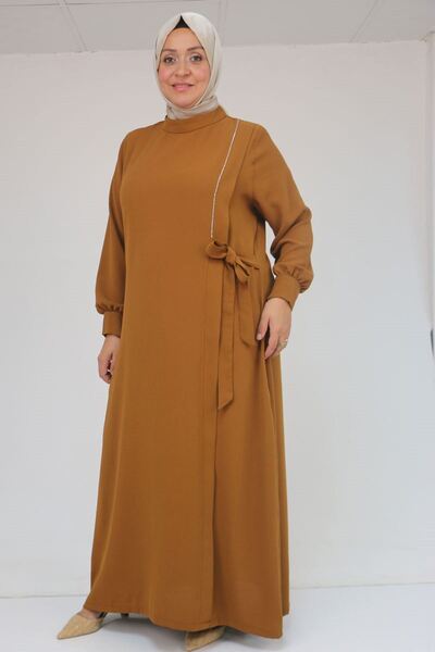 Eslina 52015 Plus Size Crepe Dress with Stone Detail - Tan
