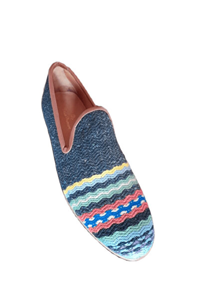 Anatolia Sultan Shoes Leather and Textile, Hand-Stitched and Embroidered, Black Multicolor, Size 44