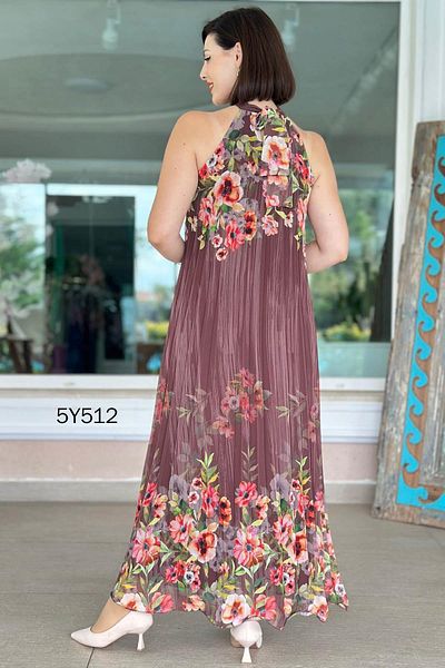 İnce Topuk Halter Neck Pleated Chiffon Dress 5Y512
