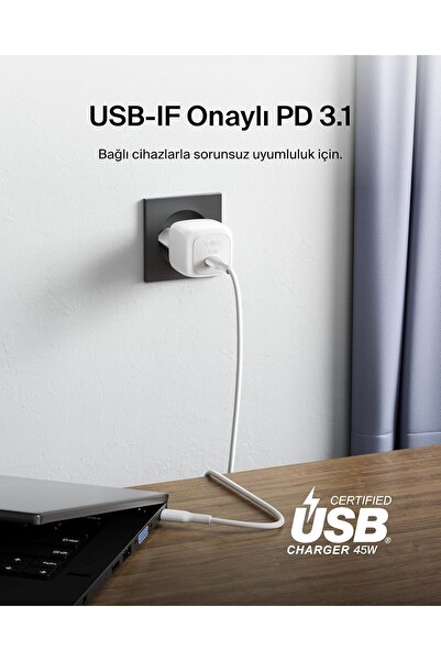 Belkin WCA013 45W Hızlı Duvar Şarjı + 1M Kablo USB-C Kablo - Beyaz