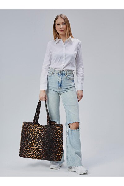Çınar Bez Çanta Преходна чанта с леопардов мотив, голям размер - кафява - чанта от памучен плат