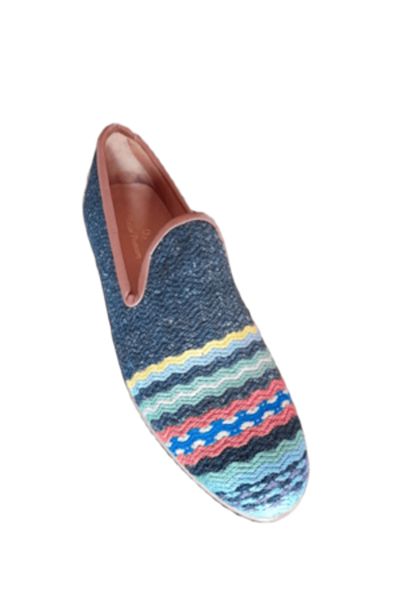 Anatolia Sultan Shoes Leather and Textile, Hand-Stitched and Embroidered, Black Multicolor, Size 44