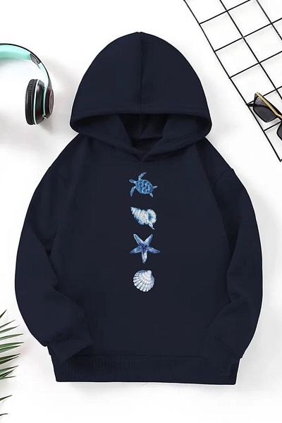 CLAYES Hanorac unisex albastru bleumarin pentru copii – figuri marine, țesătură groasă cu șapcă imprimată