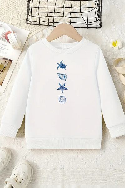 VBSVİBES Unisex White Children's Crew Neck Sweatshirt – Sea Figured, Printed Thick Fabric