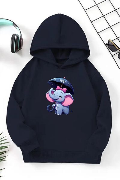 CLAYES Hanorac unisex cu glugă pentru copii bleumarin – elefant, țesătură groasă cu șapcă imprimată