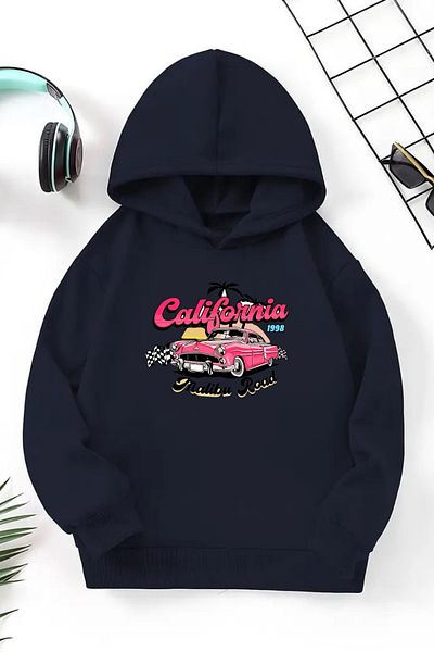 CLAYES Hanorac unisex cu glugă pentru copii bleumarin – Malibu Read, țesătură groasă cu șapcă imprimată
